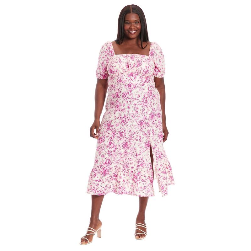 【送料無料】 ロンドンタイムス レディース ワンピース トップス Plus Size London Times Floral Square Neck Puff Sleeve Empire Waist Midi Dress Ivory Pink