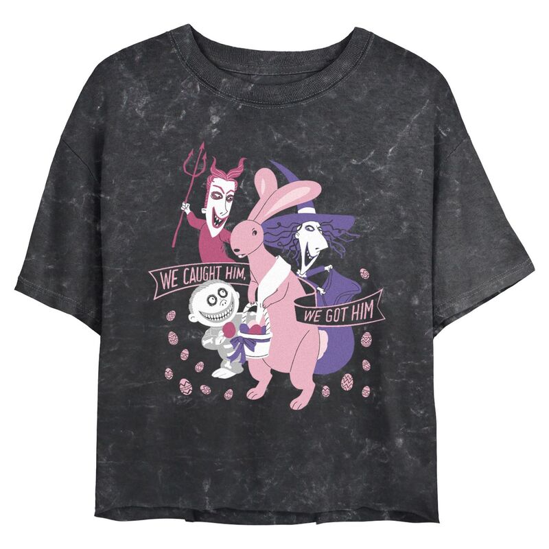 【送料無料】 ディズニー レディース Tシャツ トップス Disney's The Nightmare Before Christmas Easter Bunny Caught Juniors' Cropped Graphic Tee Black
