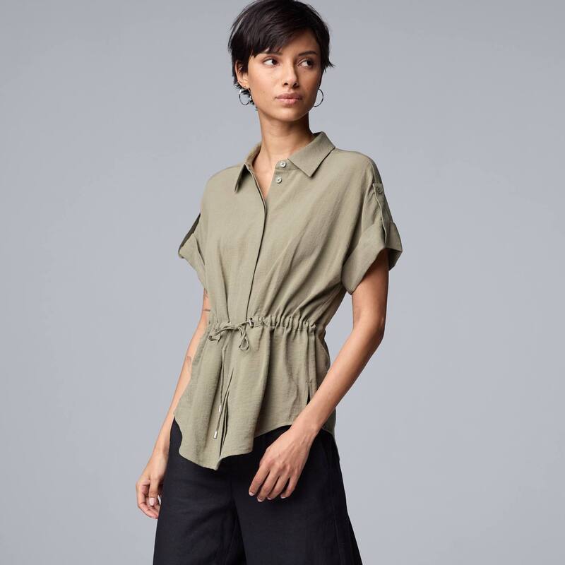 【送料無料】 ヴェラウォン レディース シャツ トップス Women's Simply Vera Vera Wang Drawstring Waist Short Sleeve Shirt Erika Olive