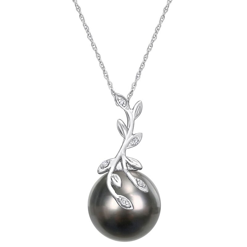 【送料無料】 ステラ グレース レディース ネックレス・チョーカー・ペンダントトップ アクセサリー Stella Grace 14k White Gold Tahitian Cultured Pearl & Diamond Accent Leaf Pendant Necklace 14k White Gold