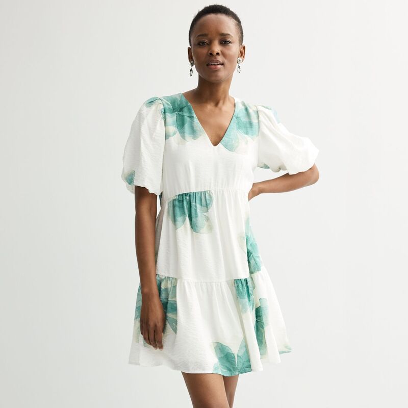 【送料無料】 ナインウェスト レディース ワンピース トップス Women's Nine West Bubble Sleeve Babydoll Dress White Anna Blooms