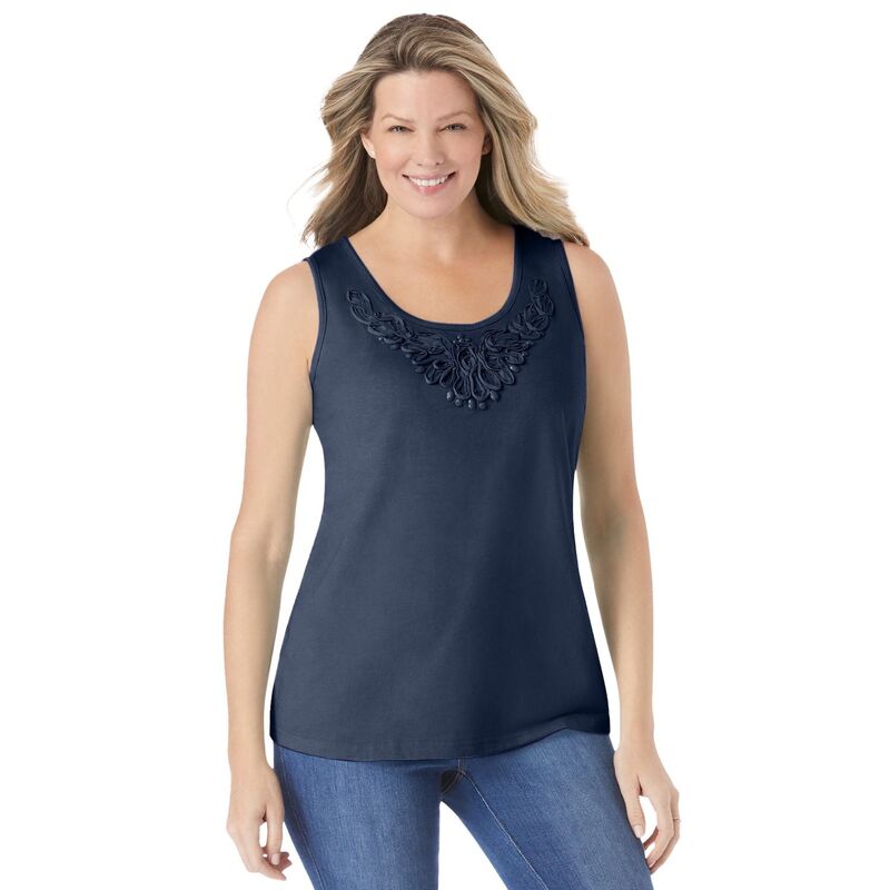 【送料無料】 ウーマン ウィズイン レディース Tシャツ トップス Woman Within Women's Plus Size Beaded Tank Top Navy