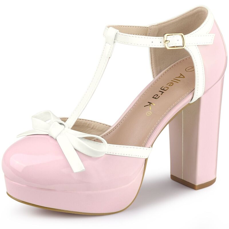 アレグラ ケー レディース シューズ パンプス プラットフォーム ヒール ALLEGRA K Women's Platform Bow T Strap Chunky Heels Pumps Pink ピンク(4)