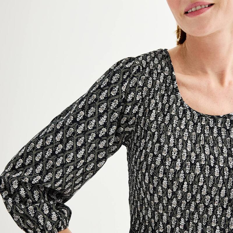 【送料無料】 クロフト＆バロー レディース ワンピース トップス Petite Croft & Barrow 3/4 Sleeve Smocked Challis Dress Black Dot Bloom