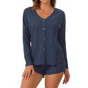 【送料無料】 cheibear レディース ナイトウェア アンダーウェア Women's Waffle Knit Pajama Sets Button Down Long Sleeve Tee and Shorts Matching Lounge Set Blue