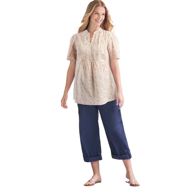 【送料無料】 ウーマン ウィズイン レディース Tシャツ トップス Woman Within Women's Plus Size Pintucked Half-Button Tunic Natural Khaki Blooming