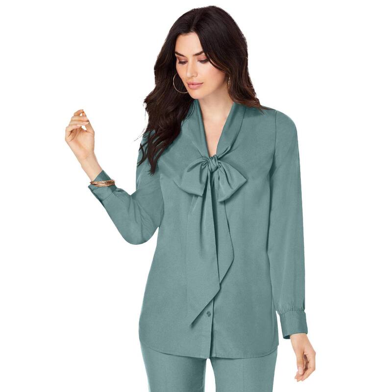 【送料無料】 ロアマンズ レディース シャツ トップス Roaman's Women's Plus Size Long Sleeve Bow Blouse Cool Sage
