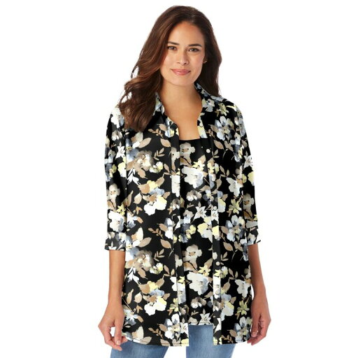 【送料無料】 ウーマン ウィズイン レディース シャツ トップス Woman Within Women's Plus Size 2-Piece Shirt And Tank Black Khaki Watercolor 【送料無料】 ウーマン ウィズイン レディース シャツ トップス Woman Within Women's Plus Size 2-Piece Shirt And Tank Black Khaki Watercolor