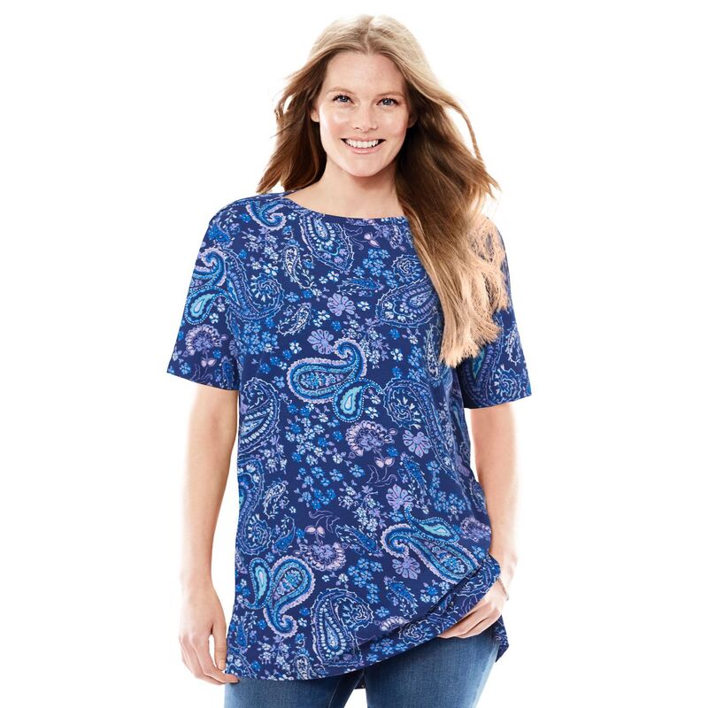 【送料無料】 ウーマン ウィズイン レディース Tシャツ トップス Woman Within Women's Plus Size Perfect Printed Short-Sleeve Boatneck Tunic Evening Blue Paisley