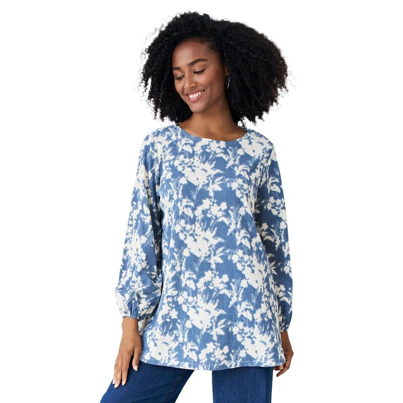 【送料無料】 Ellos レディース Tシャツ トップス ellos Women's Plus Size Textured Knit Blouson Sleeve Tunic Pale Indigo Ivory