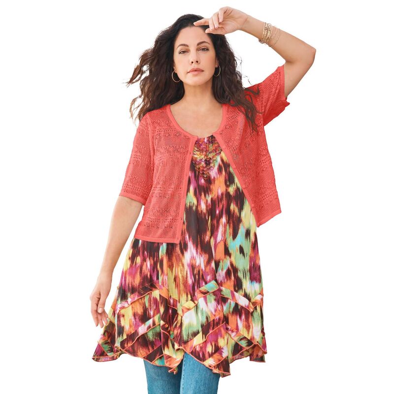 ReVida ŷԾŹ㤨֥ޥ ǥ  ˥åȡ ץ饹 ǥ åץ Roaman's Women's Plusize Cropped Pointelle Short Sleeve Cardigan Sweater Sunset Coral פβǤʤ14,480ߤˤʤޤ