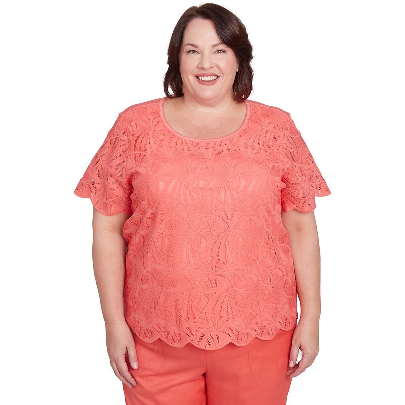 【送料無料】 アルフレッド ダナー レディース Tシャツ トップス Plus Size Alfred Dunner Lace Trimmed Textured Tee Tangerine(4)