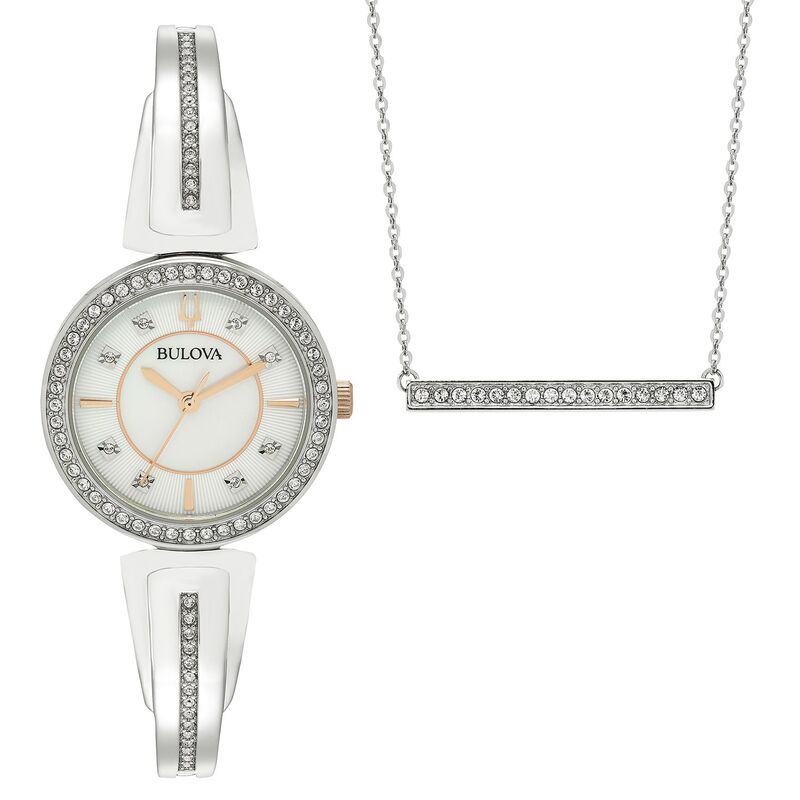 【送料無料】 ブロバ レディース 腕時計 アクセサリー Bulova Women's Crystal Watch & Bar Link Necklace Set - 98X126 Silver