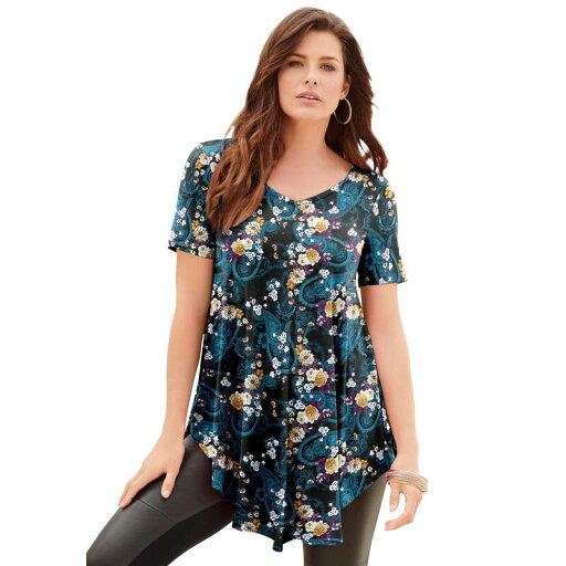【送料無料】 ロアマンズ レディース Tシャツ トップス Roaman's Women's Plus Size V Neck Swing Ultra Drape Tunic Lagoon Flower Paisley 【送料無料】 ロアマンズ レディース Tシャツ トップス Roaman's Women's Plus Size V Neck Swing Ultra Drape Tunic Lagoon Flower Paisley