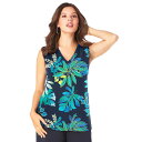 【送料無料】 ロアマンズ レディース Tシャツ トップス Roaman's Women's Plus Size Ultrasmooth Fabric V Neck Tank Navy Leafy Tropical(4)