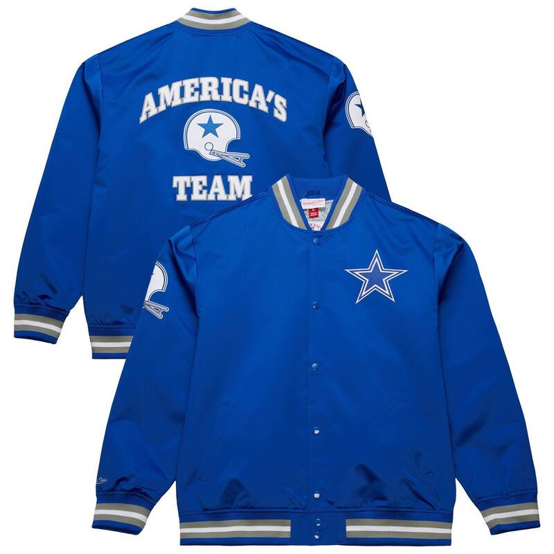 楽天ReVida 楽天市場店【送料無料】 ミッチェル&ネス メンズ ジャケット・ブルゾン アウター Men's Mitchell & Ness Royal Dallas Cowboys Vintage Double Down Satin Full-Snap Jacket Cow Blue