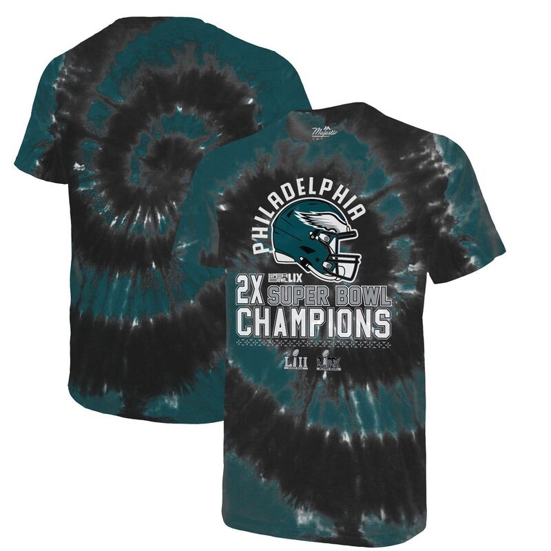 【送料無料】 マジェスティック メンズ Tシャツ トップス Men's Majestic Threads Midnight Green/Black Philadelphia Eagles Two-Time Super Bowl Champions Hard Count Spiral Tie-Dye T-Shirt Eag Green