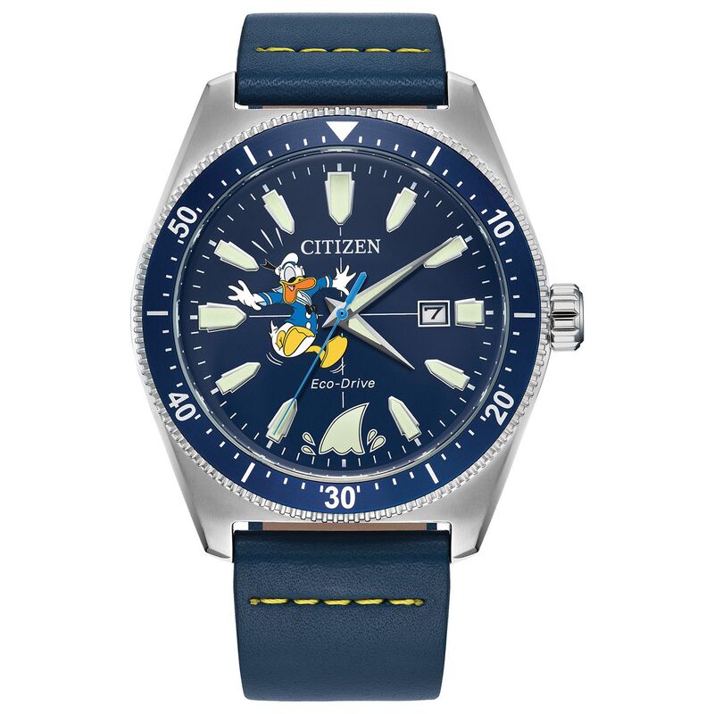 【送料無料】 シチズン メンズ 腕時計 アクセサリー Disney's 100th Anniversary Donald Duck Men's Eco-Drive Blue Leather Strap Watch By Citizen - AW1790-05W Blue