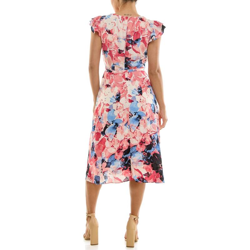 【送料無料】 ニナレオナルド レディース ワンピース トップス Women's Nina Leonard Print Flutter Sleeve Chiffon Dress Pacific Navy Cream