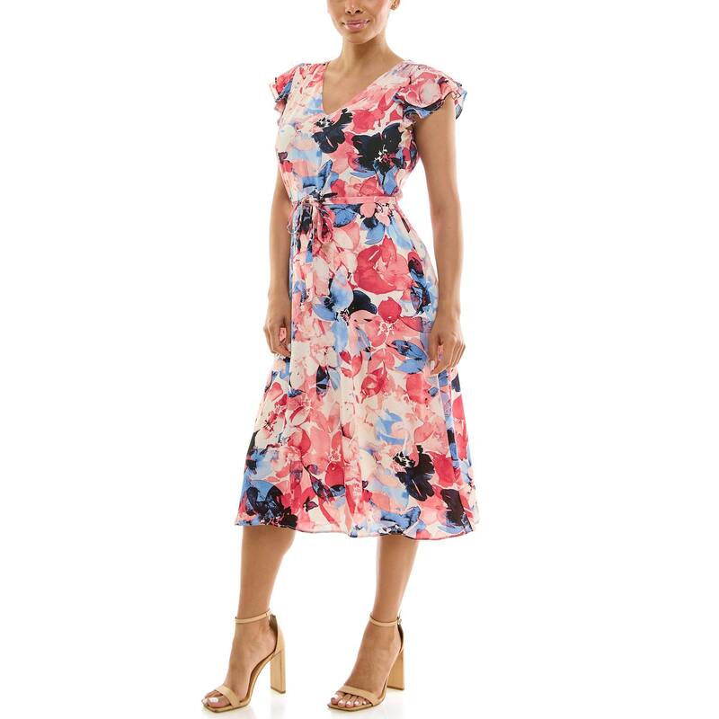 【送料無料】 ニナレオナルド レディース ワンピース トップス Women's Nina Leonard Print Flutter Sleeve Chiffon Dress Pacific Navy Cream