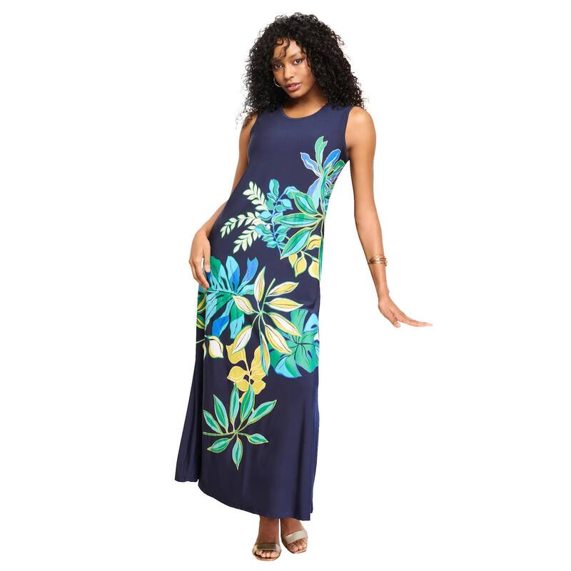 【送料無料】 ロアマンズ レディース ワンピース トップス Roaman's Women's Plus Size Ultrasmooth Fabric Sleeveless Maxi Dress Navy Bold Leavesのサムネイル