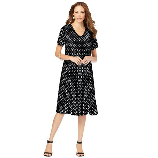【送料無料】 ロアマンズ レディース ワンピース トップス Roaman's Women's Plus Size Petite Ultrasmooth V Neck Swing Dress Black White Geo 【送料無料】 ロアマンズ レディース ワンピース トップス Roaman's Women's Plus Size Petite Ultrasmooth V Neck Swing Dress Black White Geo
