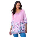 【送料無料】 ロアマンズ レディース Tシャツ トップス Roaman's Women's Plus Size V Neck Lace Print Ultra Femme Tee Mauve Garden Border(4)