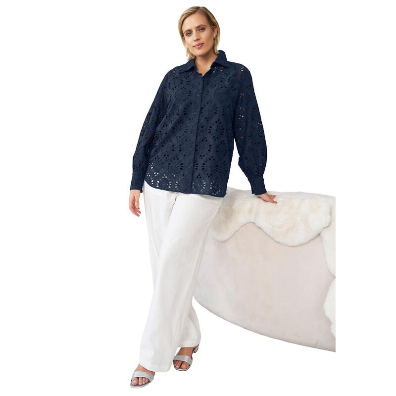 【送料無料】 Ellos レディース シャツ トップス ellos Women's Plus Size Eyelet Button Front Shirt With Blouson Sleeves Navy