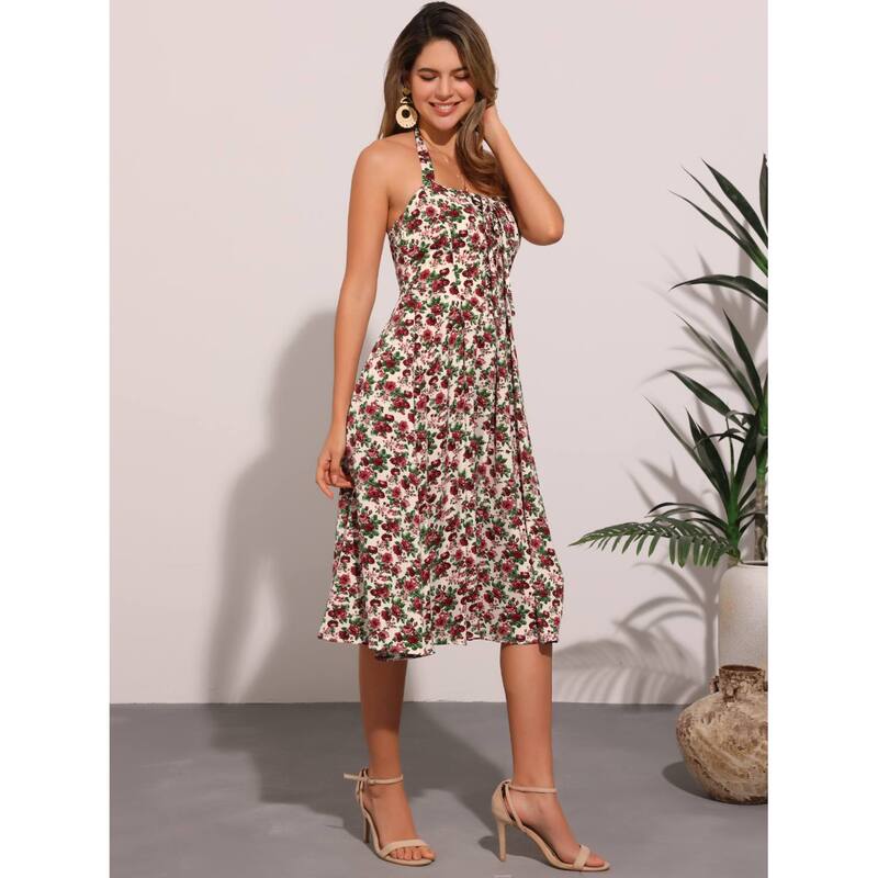 【送料無料】 アレグラ ケー レディース ワンピース トップス Halter Neck Floral Dress for Women's Summer Sundress Sleeveless Lace Up Midi Dresses Black Rose