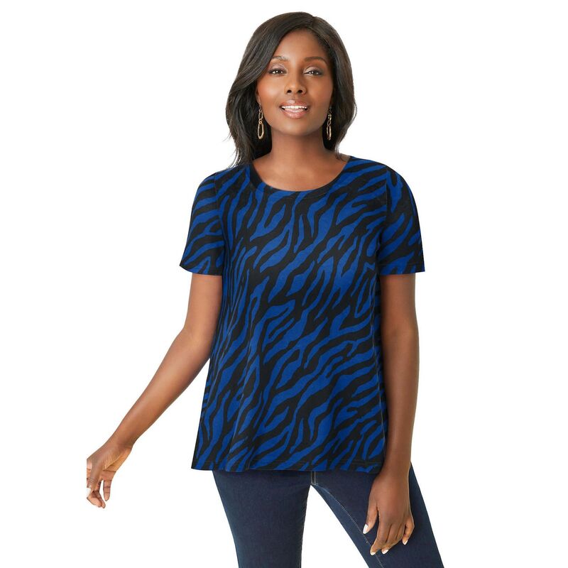 【送料無料】 ジェシカロンドン レディース Tシャツ トップス Jessica London Women's Plus Size Stretch Cotton Trapeze Tee Dark Sapphire Zebra