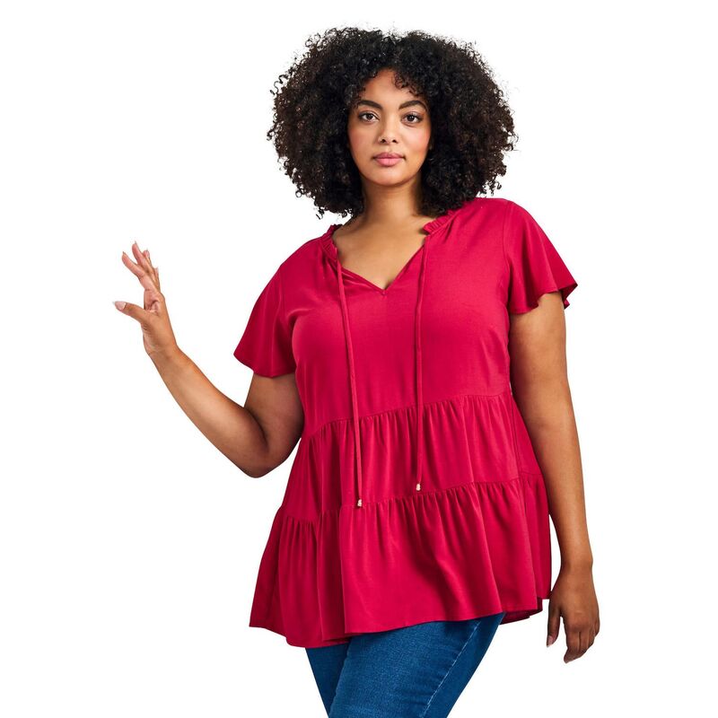 アベニュー レディース トップス シャツ ティアード プラスサイズ Avenue Women's Plusize Lani Flutter Sleeve Tiered Top Cherry