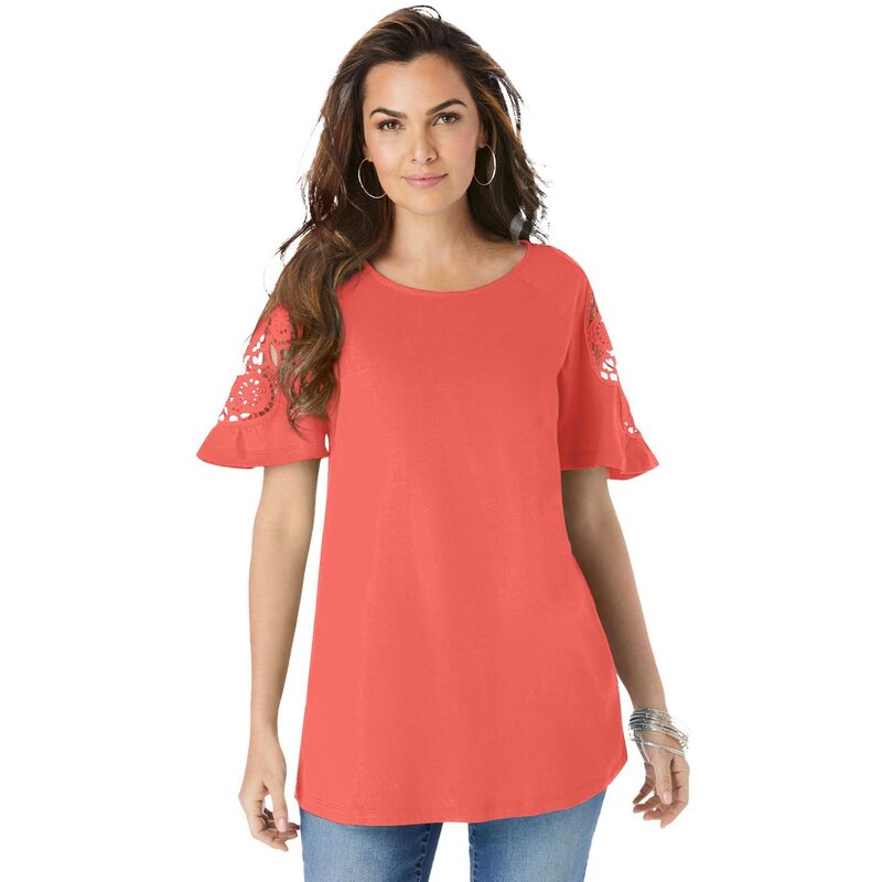 【送料無料】 ロアマンズ レディース Tシャツ トップス Roaman's Women's Plus Size Lace-Sleeve Tee Sunset Coral
