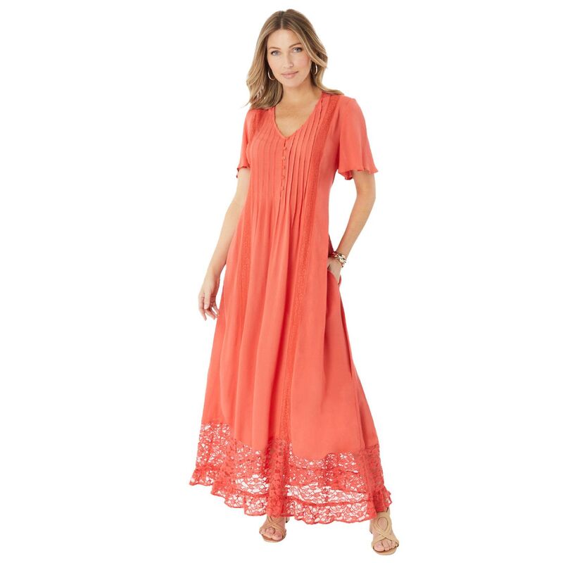 【送料無料】 ロアマンズ レディース ワンピース トップス Roaman's Women's Plus Size Lace-Panelled Crinkle Boho Dress Dusty Coral