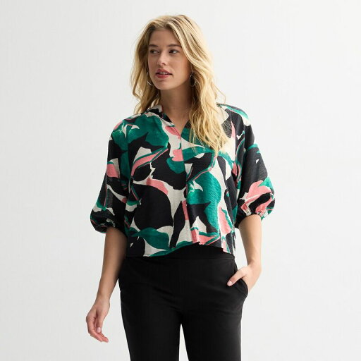 【送料無料】 ナインウェスト レディース シャツ トップス Petite Nine West Textured Elbow Sleeve Popover Top Emerald Ada Flora 【送料無料】 ナインウェスト レディース シャツ トップス Petite Nine West Textured Elbow Sleeve Popover Top Emerald Ada Flora