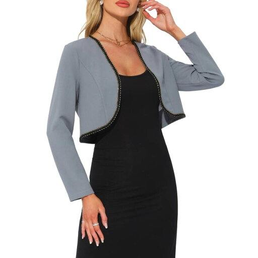 【送料無料】 アレグラ ケー レディース ニット・セーター アウター Long Sleeve Crop Cardigan for Women's Contrast Trim Collar Bolero Casual Work Tops Gray 【送料無料】 アレグラ ケー レディース ニット・セーター アウター Long Sleeve Crop Cardigan for Women's Contrast Trim Collar Bolero Casual Work Tops Gray