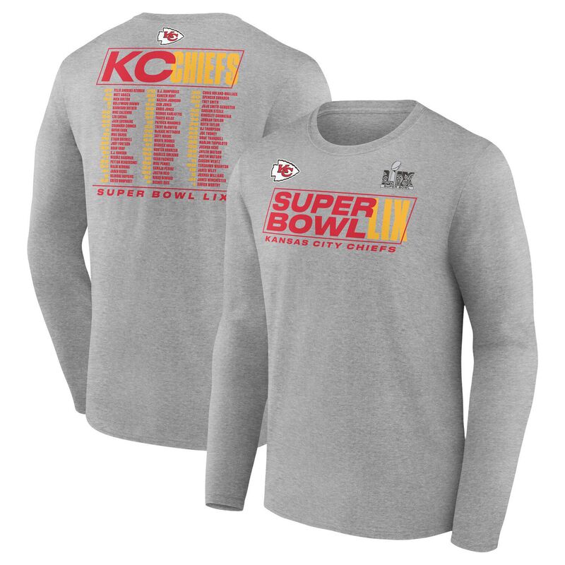 【送料無料】 ファナティクス メンズ Tシャツ トップス Men's Fanatics Heather Gray Kansas City Chiefs Super Bowl LIX Roster Long Sleeve T-Shirt Chf Grey
