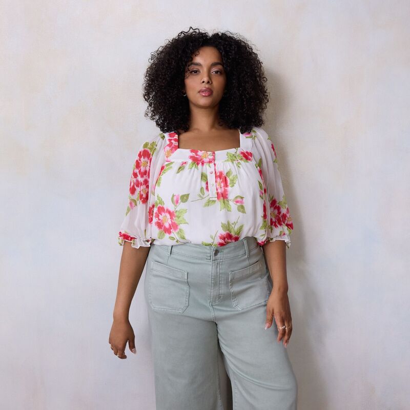 【送料無料】 LC Lauren Conrad レディース シャツ トップス Plus Size LC Lauren Conrad Henley Square Neck Peasant Top White Hibiscus Kiss