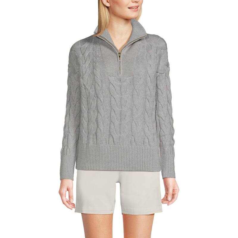 【送料無料】 ランズエンド レディース ニット・セーター アウター Women's Lands' End Drifter Cable Quarter Zip Sweater Gray Heather