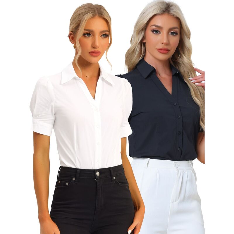 【送料無料】 アレグラ ケー レディース Tシャツ トップス 2 Packs Women's Office Blouse Button Down One-Piece Short Sleeve Bodysuit Work Shirt White Navy Blue