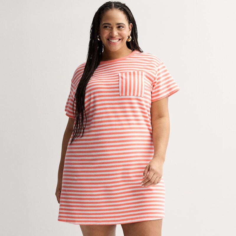 【送料無料】 ソノマ レディース ワンピース トップス Plus Size Sonoma Goods For Life Towel Terry T-Shirt Dress Coral Small Stripe