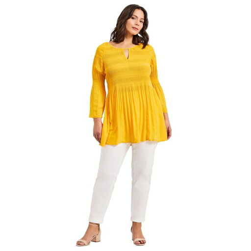 【送料無料】 アベニュー レディース Tシャツ トップス Avenue Women's Plus Size Keyhole Bell Sleeve Tunic Sunset Yellow 【送料無料】 アベニュー レディース Tシャツ トップス Avenue Women's Plus Size Keyhole Bell Sleeve Tunic Sunset Yellow