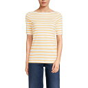【送料無料】 ランズエンド レディース Tシャツ トップス Women's Lands' End Elbow Sleeve Boatneck Button Shoulder Tee Ivory Mango Stripe