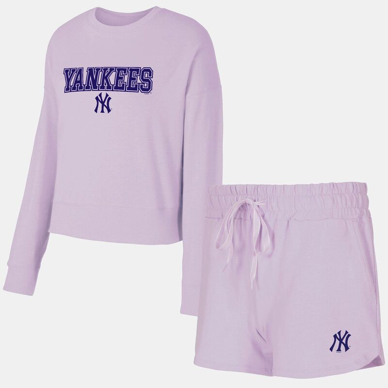 楽天ReVida 楽天市場店【送料無料】 アンブランデッド レディース ナイトウェア アンダーウェア Women'sConcepts Sport Lavender New York Yankees Elevation Tri-Blend Long Sleeve T-Shirt & Shorts Set Ynk Multi