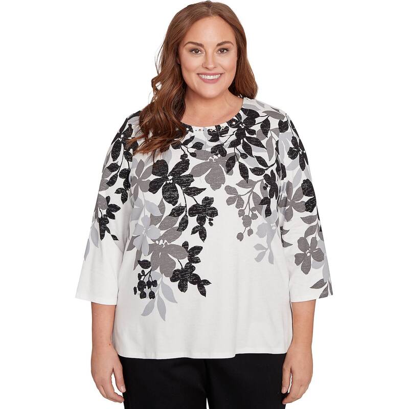 【送料無料】 アルフレッド ダナー レディース Tシャツ トップス Plus Size Alfred Dunner Shadow Leaf Three Quarter Sleeve Top Black And Gray