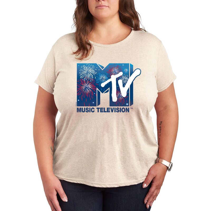 アニメキャラクター レディース トップス Tシャツ プラスサイズ グラフィック Licensed Character Plusize MTV Fireworks Graphic Tee Beige ベージュ