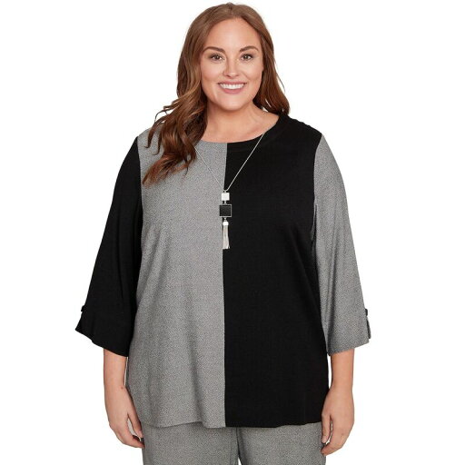 【送料無料】 アルフレッド ダナー レディース シャツ トップス Plus Size Alfred Dunner Center Sliced Top with Necklace Black And Gray 【送料無料】 アルフレッド ダナー レディース シャツ トップス Plus Size Alfred Dunner Center Sliced Top with Necklace Black And Gray