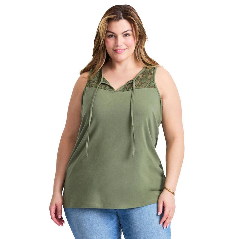 【送料無料】 アベニュー レディース Tシャツ トップス Avenue Women's Plus Size Lace Yoke Detail Tank Olive Green