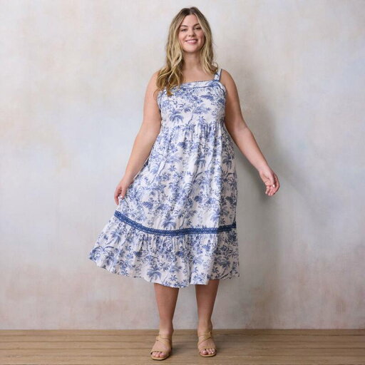 【送料無料】 LC Lauren Conrad レディース ワンピース トップス Plus Size LC Lauren Conrad Tie Strap Midi Dress Blue Tropical Toile 【送料無料】 LC Lauren Conrad レディース ワンピース トップス Plus Size LC Lauren Conrad Tie Strap Midi Dress Blue Tropical Toile