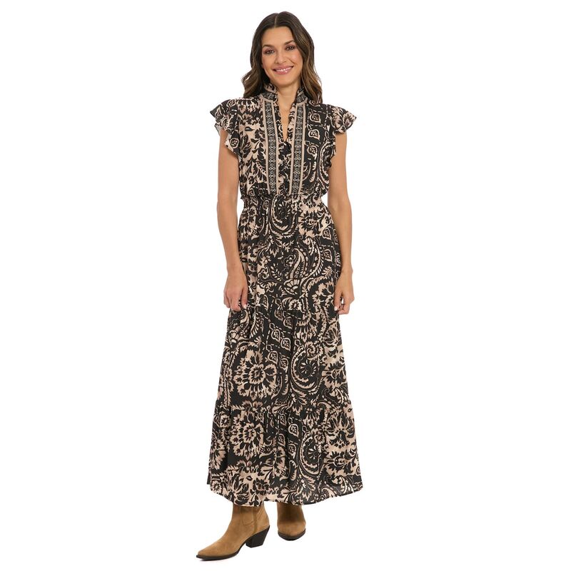 ロンドンタイムス レディース トップス ワンピース フリル シャーリング Women's London Times Ruffle Neck Flutter Sleeve Smocked Waist Dress Bone Black ブラック