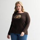 【送料無料】 クロフト&バロー レディース Tシャツ トップス Plus Size Croft & Barrow Harvest Motif Tee with Rounded Hem Brown Turkey Graphic